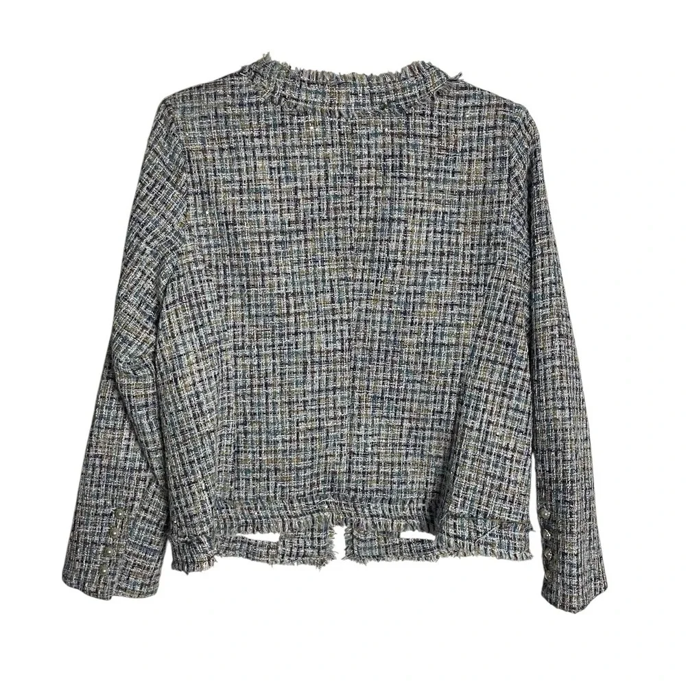 Nanette Lepore Nora‎ Boucle Jacket Womens L Blue Metallic Tweed Pearl Buttons - Picture 4 of 11